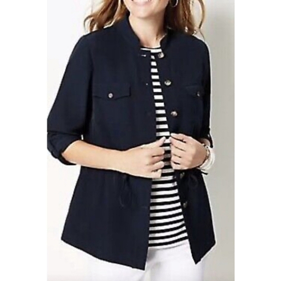 NWT J. Jill Wearever Collection Navy Cinched Button-Down Jacket Size S 💙✨ - Picture 1 of 14